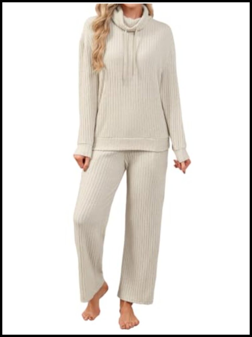 Two Piece Ribbed Knit Pajama Set Cowl Neck Sweatshirt Wide Leg Pants